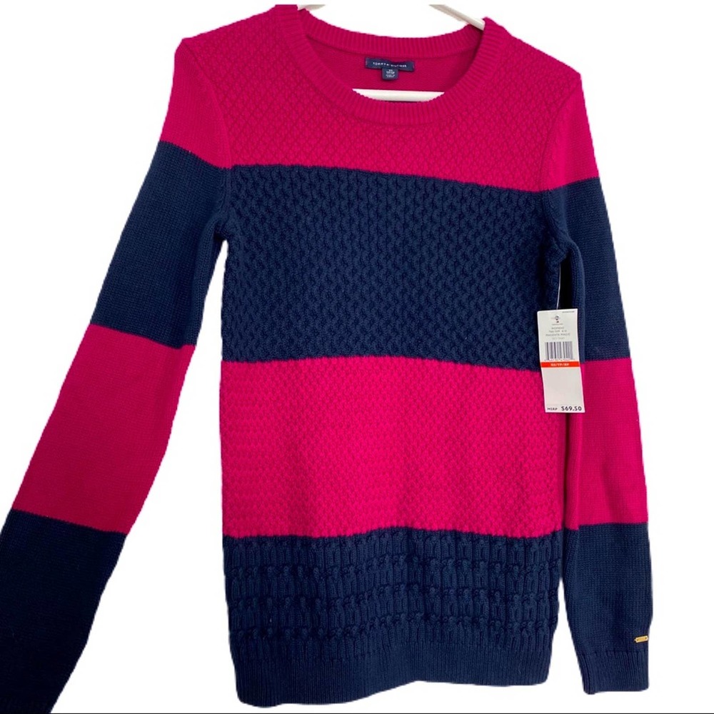 NWT Tommy Hilfiger Navy Pink Striped Sweater XS - Picture 2 of 6